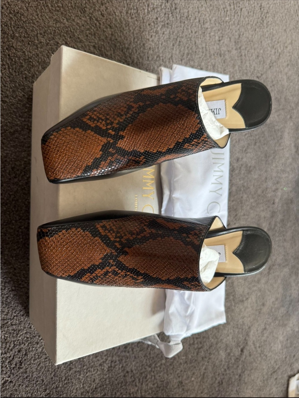Jimmy Choo Brown and Black Snake-Print Slide Mules original